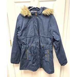 Navy Blue Parka, Leehanton Winter Coat, Faux Fur Collar, Women's Size XL